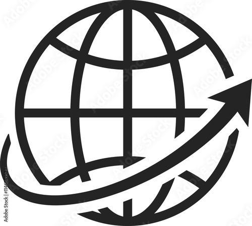 Upward trend arrow encircling the earth globe, representing global growth, international trade, and the expansion of worldwide business and economic opportunities