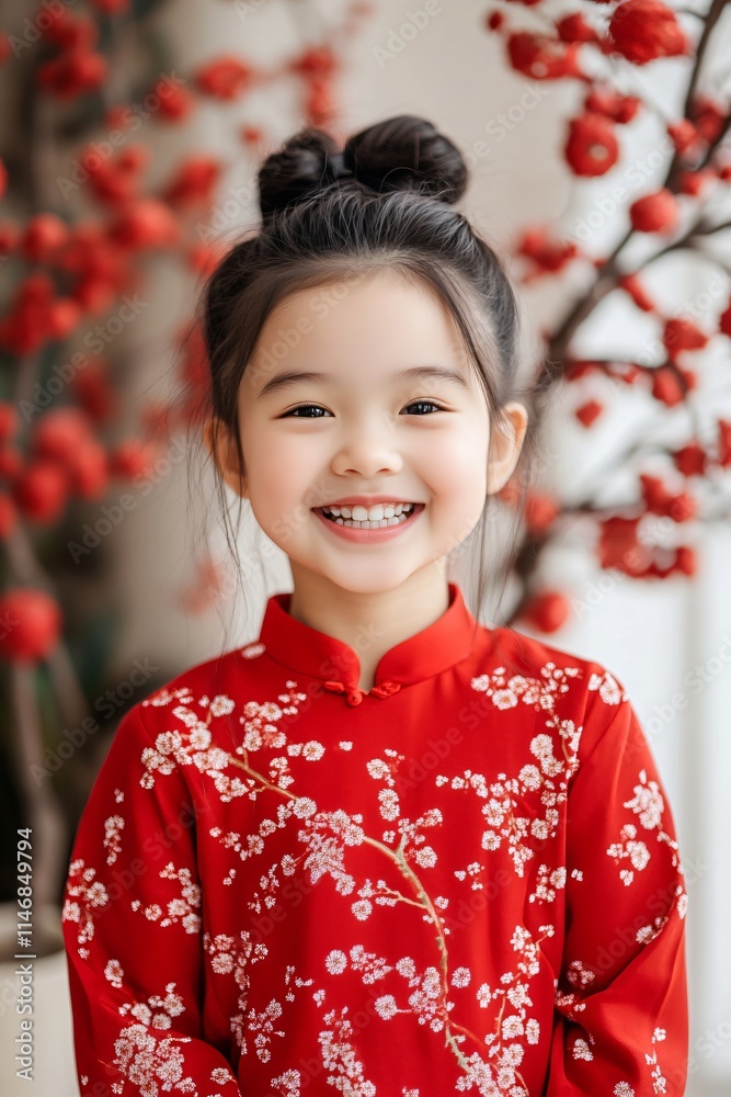 Asian kid in red traditional costume greeting with hands together. Chinese New Year, Lunar New Year, Chinese New Year, Mid-Autumn Festival, Dragon Boat Festival, birthday or family event celebration Asian kid in red traditional costume greeting with hands together. Chinese New Year, Lunar New Year, Chinese New Year, Mid-Autumn Festival, Dragon Boat Festival, birthday or family event celebration