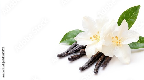Vanilla pods with white orchid flowers and green leaves isolated on a white background.