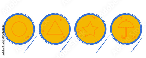 Korean Dalgona sugar toffees, sweets with signs triangle, circle, umbrella and star. Flat Vector illustration.