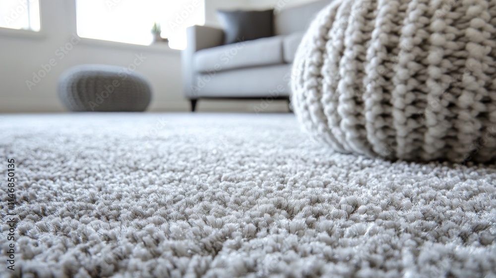 Soft grey carpet with knitted ottoman and sofa in a bright room Soft grey carpet with knitted ottoman and sofa in a bright room