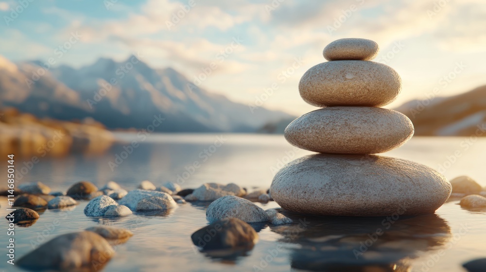 Stacked stones by calm lake with mountains. Stacked stones by calm lake with mountains.