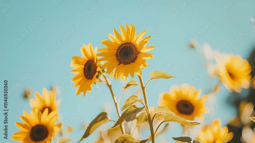 Obraz premium Golden sunflowers against a blue sky backdrop, close-up shot, Minimalist style