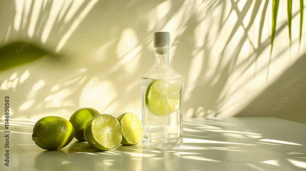 Fresh limes and clear liquid bottle capture the essence of a sunny kitchen with beautiful shadows Fresh limes and clear liquid bottle capture the essence of a sunny kitchen with beautiful shadows