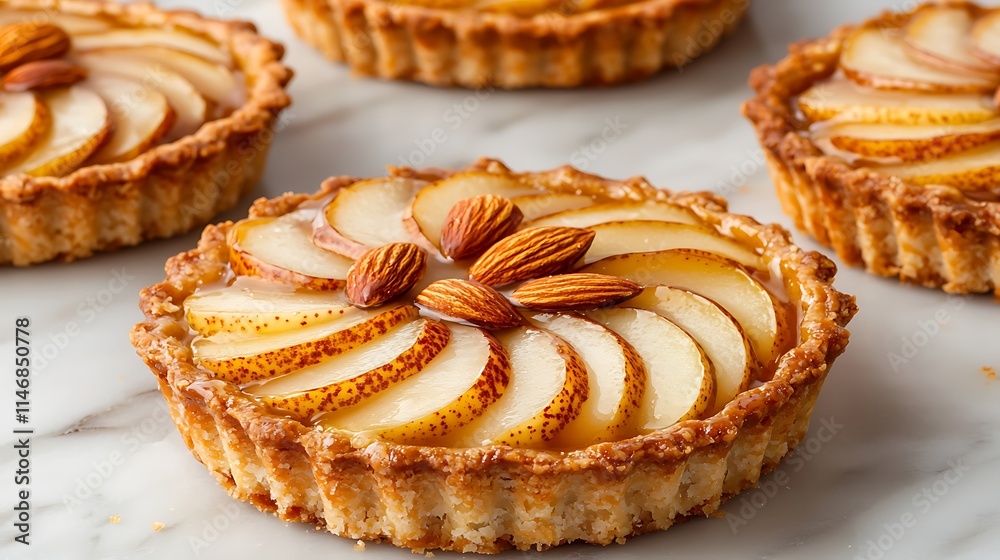 Delicious Almond and Pear Tarts on Marble Surface Delicious Almond and Pear Tarts on Marble Surface