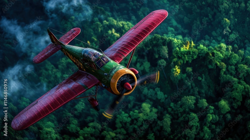 Naklejka premium Vintage propeller airplane with red wings flying low over a dense green forest canopy.