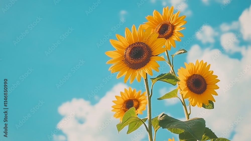 Obraz premium Golden sunflowers against a blue sky backdrop, close-up shot, Minimalist style