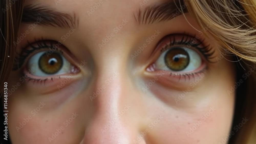 A woman with brown eyes is shocked and looking at the camera and blinking