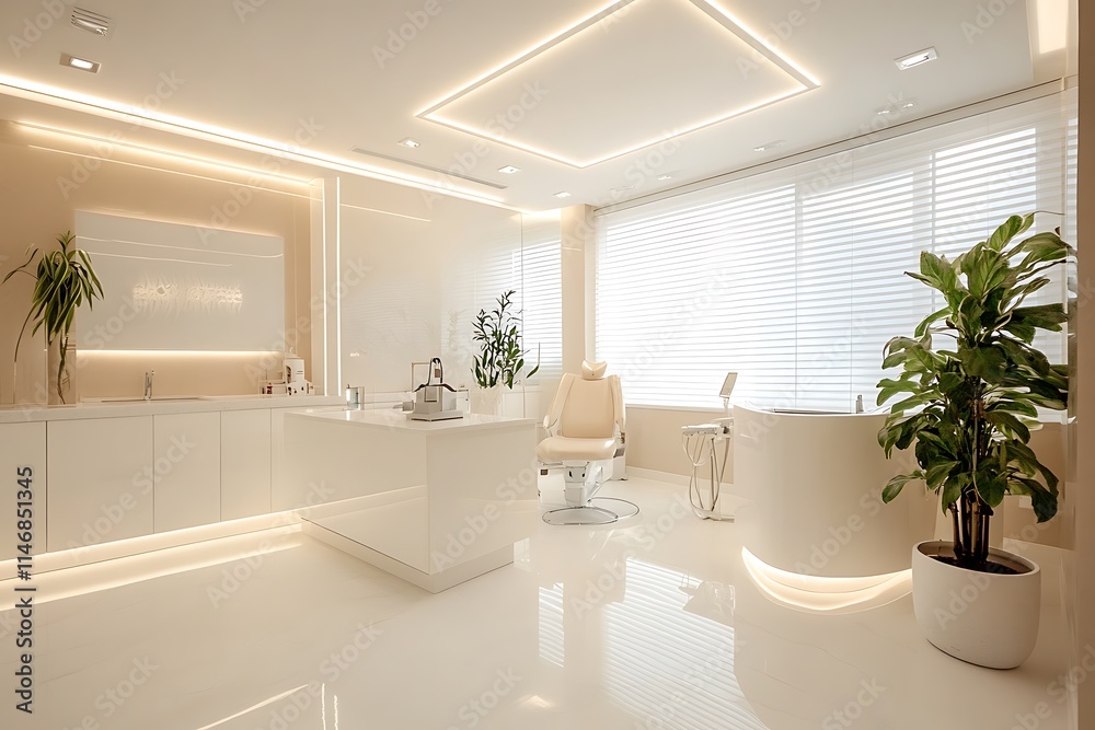 Fototapeta premium Sleek and Modern Dental Office Interior Design with Advanced Equipment and Bright Lighting