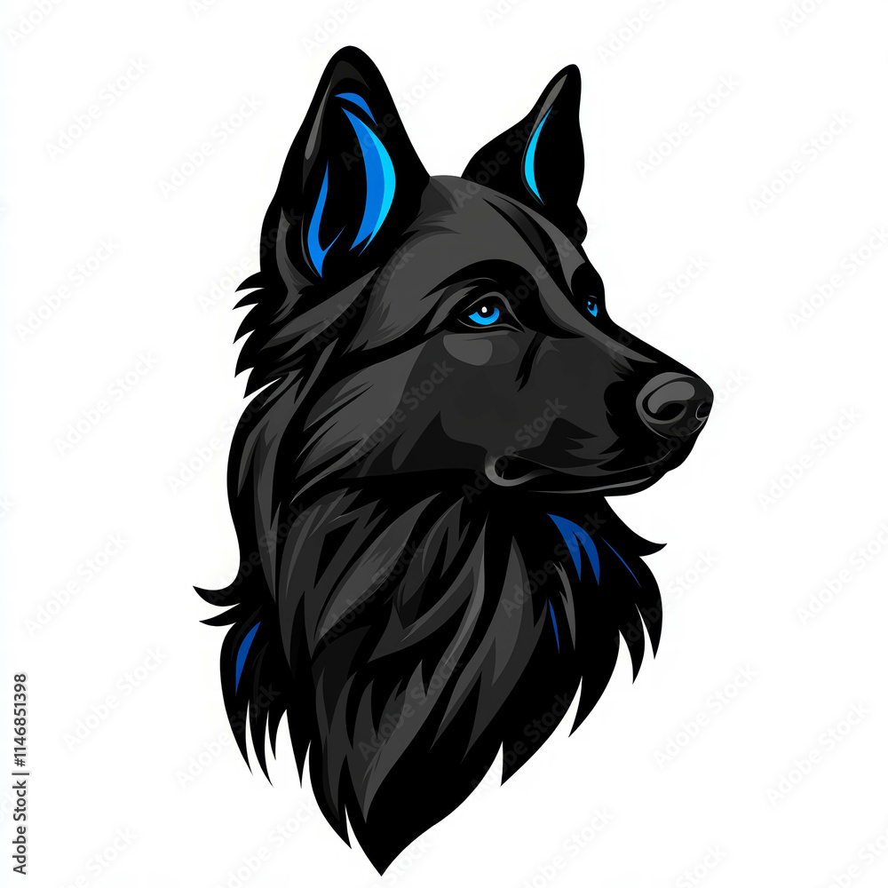 Naklejka premium Black German Shepherd dog head vector illustration with blue highlights, white background