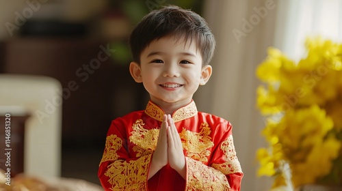 Asian kid in red traditional costume greeting with hands together. Chinese New Year, Lunar New Year, Chinese New Year, Mid-Autumn Festival, Dragon Boat Festival, birthday or family event celebration photo