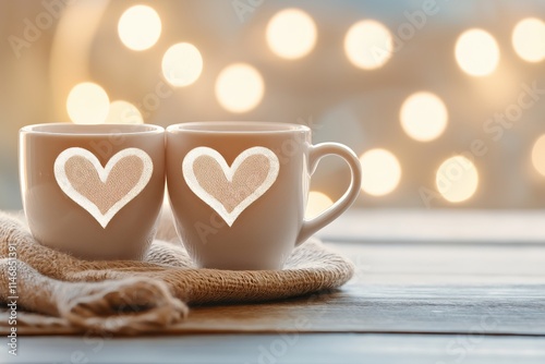 Two Coffee Cups With Heart Symbols On Cozy Table. Warm Bokeh Lights Create Romantic Atmosphere. Perfect Scene For Celebrating Love And Togetherness. AI generated