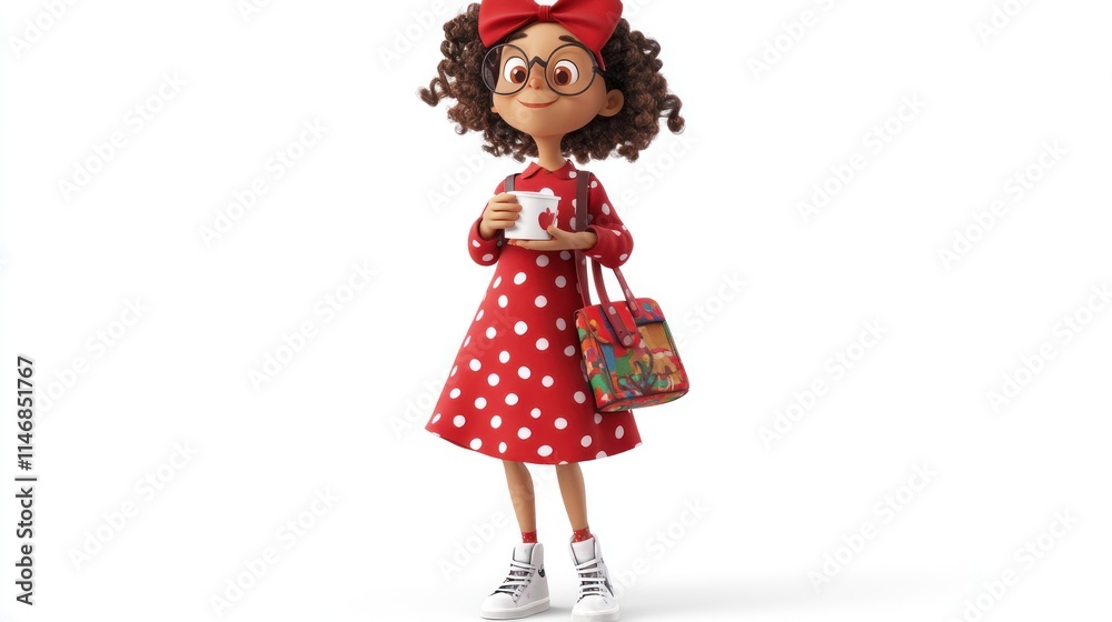 Cheerful cartoon girl in red polka dot dress holding a mug. Cheerful cartoon girl in red polka dot dress holding a mug.