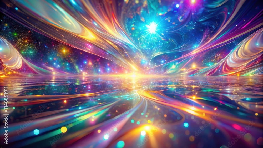 Obraz premium A kaleidoscope of colors swirls across a celestial horizon, reflecting the twinkling lights of a vast and distant galaxy.