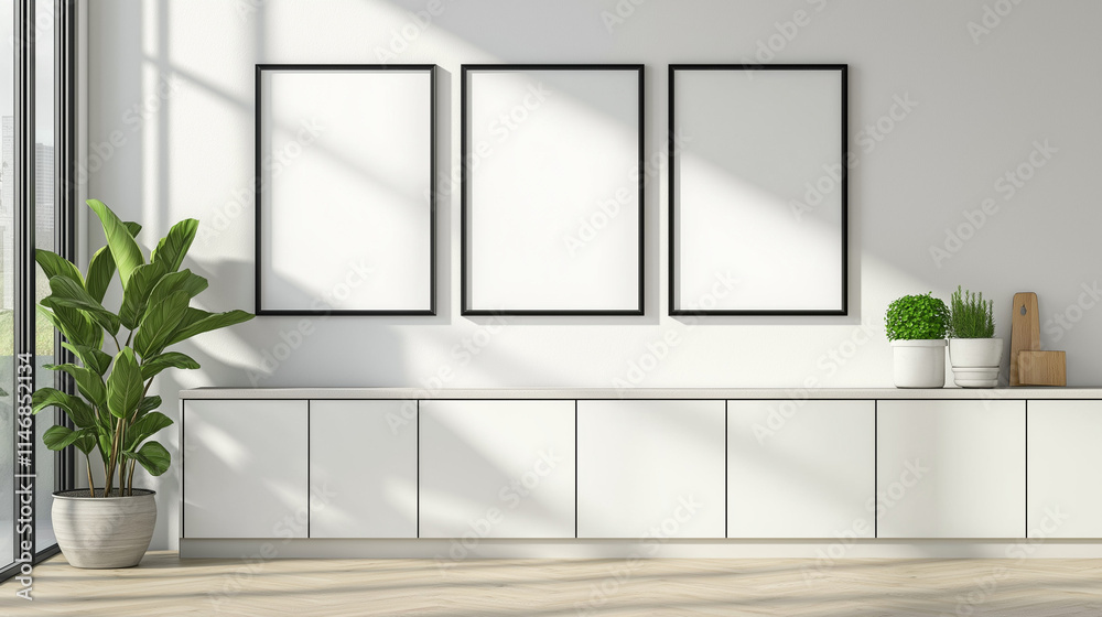 Fototapeta premium Mockup of Clean White Kitchen with 3 Frames on the Wall