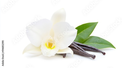 White vanilla orchid flower with fresh green leaves and dry vanilla pods isolated on a white background.