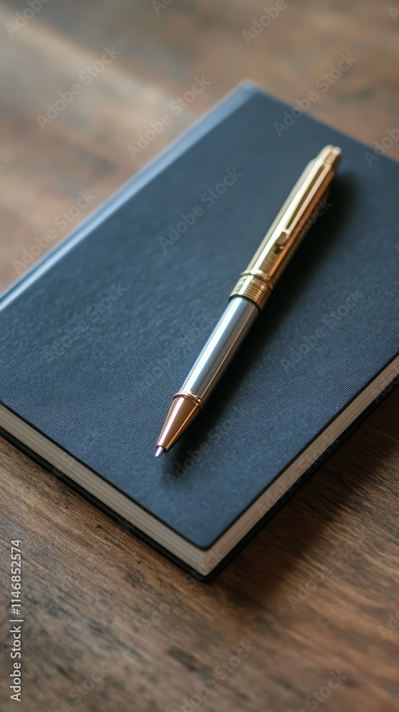 Black notebook and silver pen resting on a textured surface, ideal for writing notes or ideas in a creative Black notebook and silver pen resting on a textured surface, ideal for writing notes or ideas in a creative