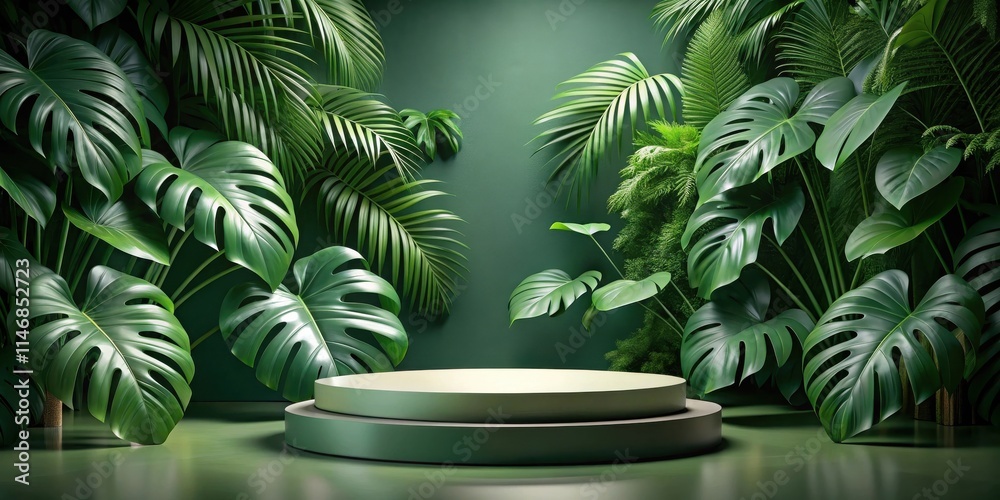 A Serene and Minimalist Presentation Platform Adorned with Lush Tropical Foliage in a Verdant Setting A Serene and Minimalist Presentation Platform Adorned with Lush Tropical Foliage in a Verdant Setting