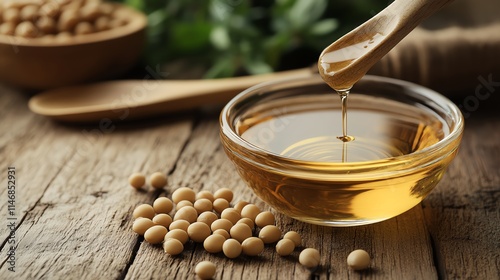 Fresh soybean oil poured into a bowl with soybeans nearby.