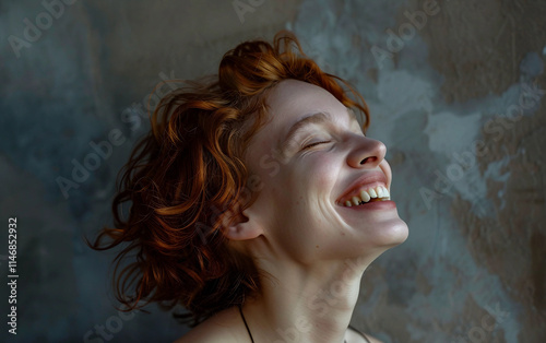 A candid portrait of a woman laughing with her head tilted back in joy photo