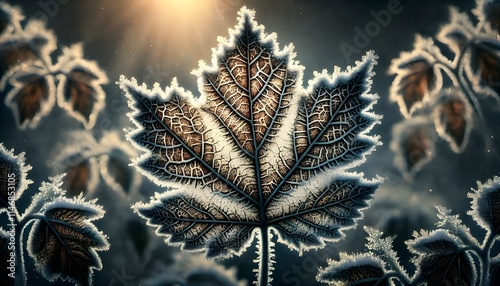 Frost covered leaf on winter morning nature's artistry in detail photo