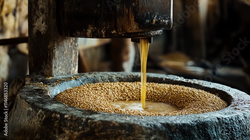 Freshly pressed oil flowing from a traditional stone mill.