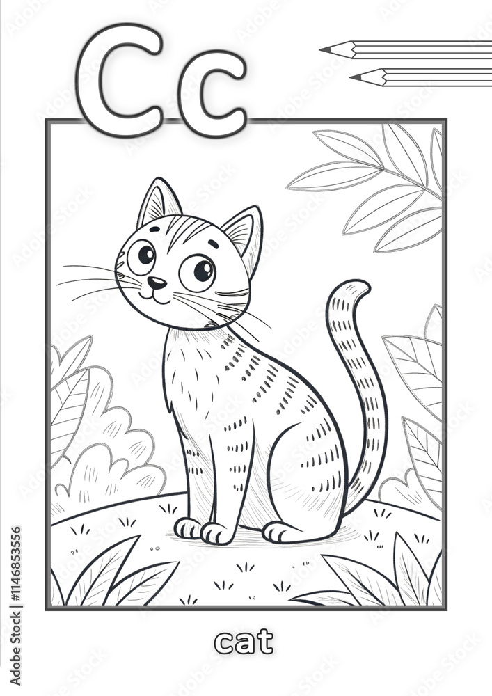 Naklejka premium Coloring page for children with letters of the English alphabet, letter C with a picture of a cat