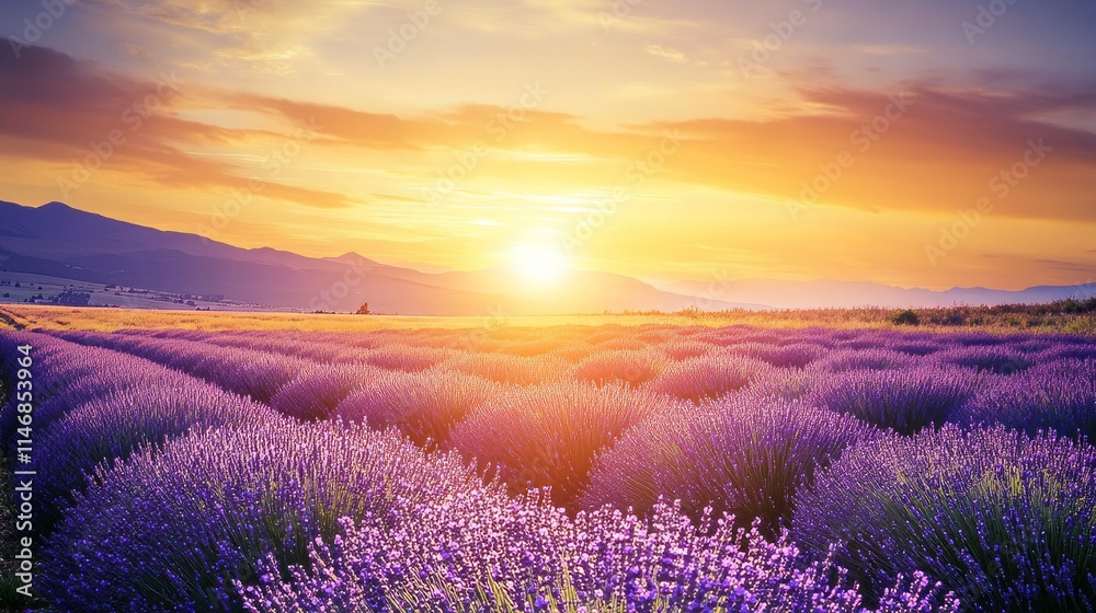 Lavender fields under a golden sunset, panoramic shot, Minimalist style