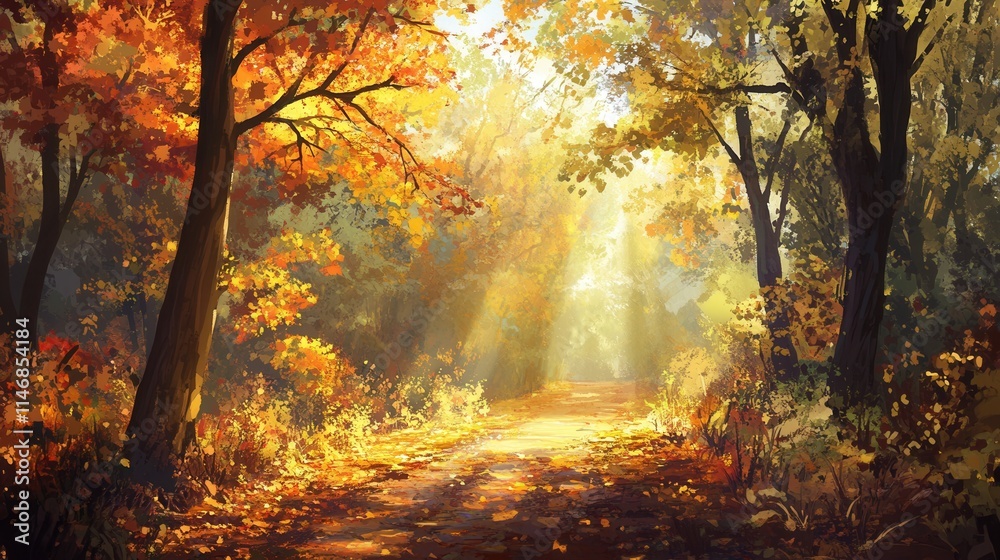 Serene Autumn Pathway with Golden Trees and Soft Sunlight Beams Serene Autumn Pathway with Golden Trees and Soft Sunlight Beams