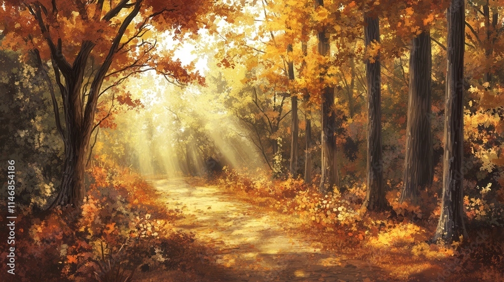 Serene Autumn Trail with Golden Leaves and Sunlight Rays Serene Autumn Trail with Golden Leaves and Sunlight Rays