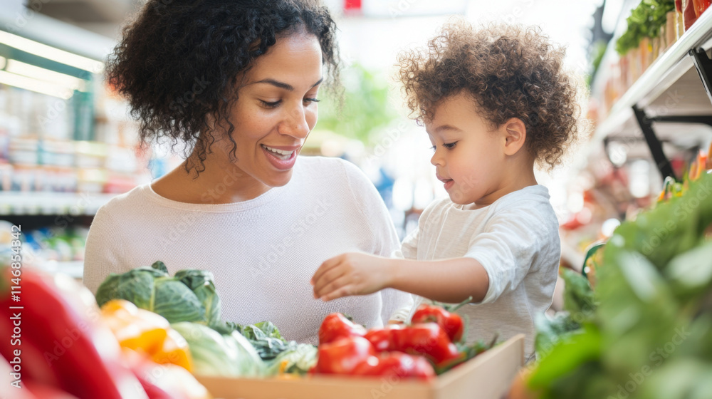 Mother and child shopping for fresh produce at grocery store, family lifestyle Mother and child shopping for fresh produce at grocery store, family lifestyle