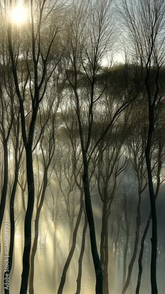 Mist envelops a serene forest of slender trees during early morning light, creating a peaceful atmosphere at sunrise Mist envelops a serene forest of slender trees during early morning light, creating a peaceful atmosphere at sunrise