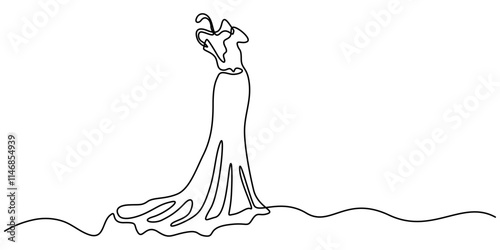 Continuous line drawing of a dress on a hanger. Minimalist illustration for beauty and fashion, Beautiful woman in long flowing dress in continuous line art drawing style. dress sketch, one continuous