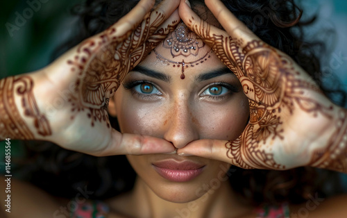 A creative portrait of a woman with intricate henna designs adorning her hands photo