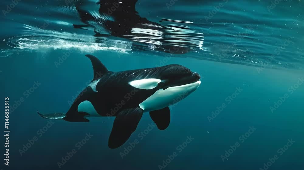 Black and white killer whale in blue ocean, underwater view