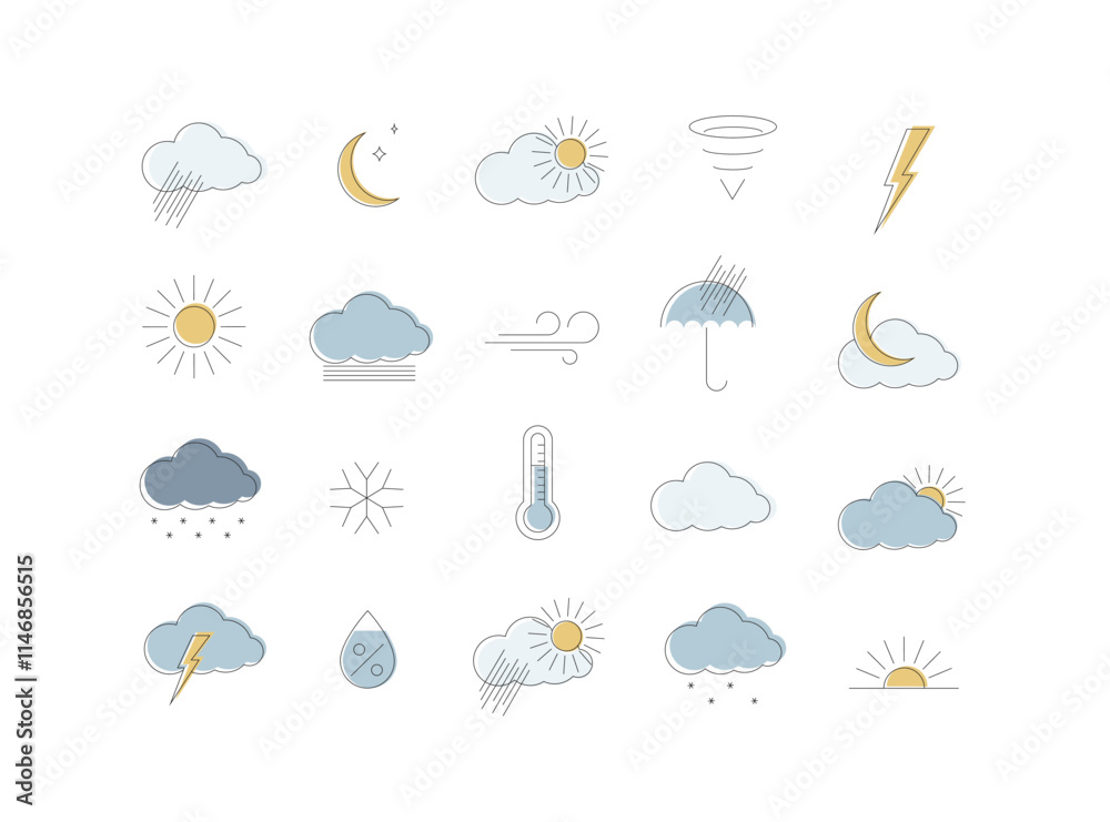 Weather app icons for web drawing with color in linear style on white background