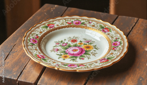 Floral Plate on Wood Table