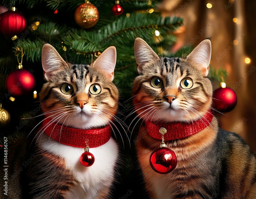 Zwei Katzen mit Weihnachtskragen vor Tannenbaum – Festliche Tierfotografie Zwei Katzen mit Weihnachtskragen vor Tannenbaum – Festliche Tierfotografie