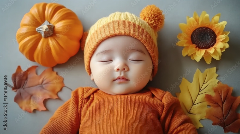 Little baby sleeping with Fall seasonal decoration Little baby sleeping with Fall seasonal decoration
