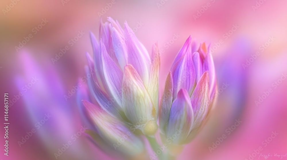 Fototapeta premium Two pastel purple flower buds in soft focus, dreamy pink background.