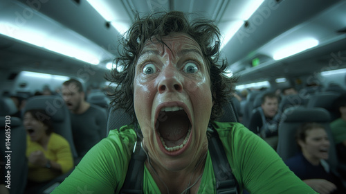 Realistic Aerial View of a Passenger in Distress Onboard a Crowded Aircraft During Turbulence