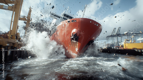 Ships Collide Dramatically Creating Splashes and Chaos Near the Harbor Under a Cloudy Sky