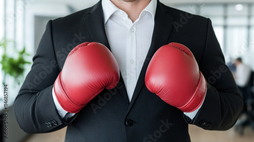 Young Businessman Wears Boxing Gloves in Modern Office Setting, Ready to Tackle Challenges