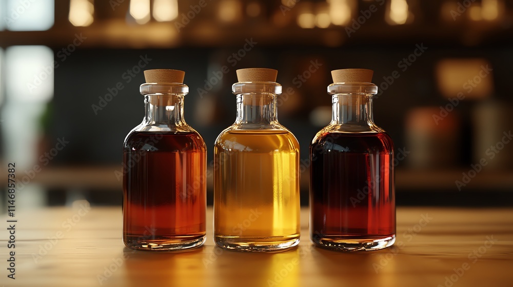 Three elegant glass bottles filled with various liquids displayed. Three elegant glass bottles filled with various liquids displayed.