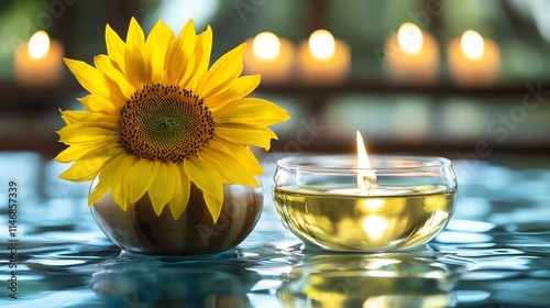 Sunny sunflower and candle creating a peaceful atmosphere. photo