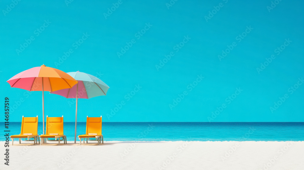 Fototapeta premium Colorful Beach Umbrellas Provide Shade on a Sunny Day at a Tropical Resort