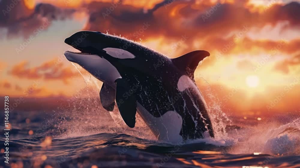 Beautiful killer whale jumping in ocean on sunset