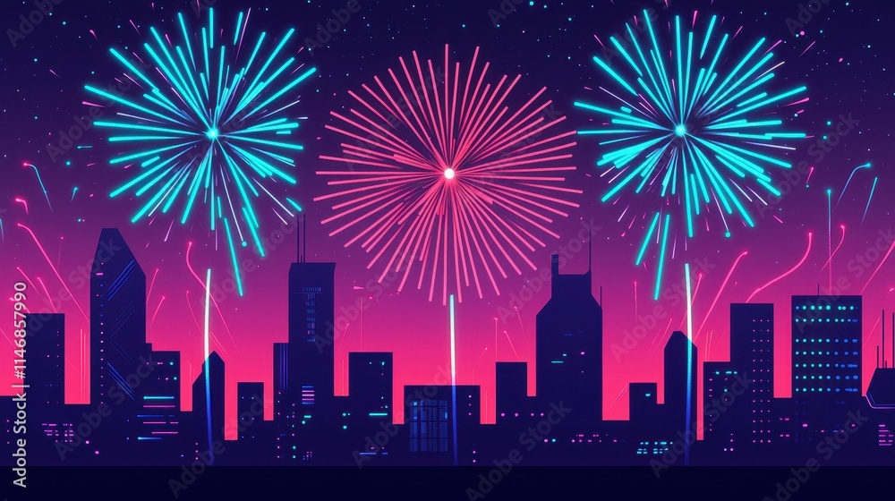 Fototapeta premium A vibrant city skyline illuminated by colorful fireworks against a twilight sky, creating a festive atmosphere.