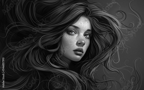 A detailed portrait of a woman with long flowing hair exuding elegance and beauty photo
