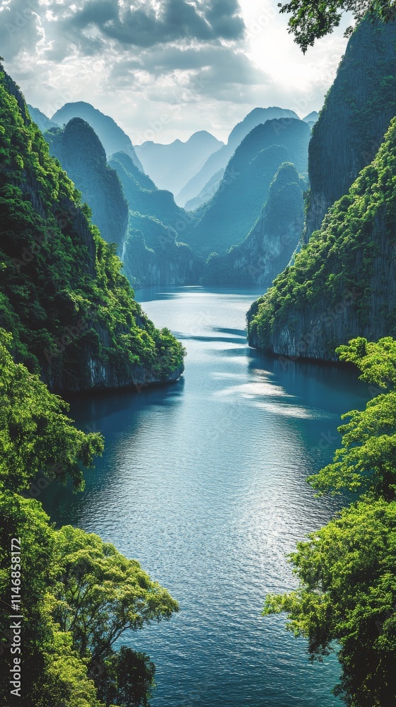 Fototapeta premium Serene river winding through lush green mountains at midday with clear blue sky reflecting on tranquil waters